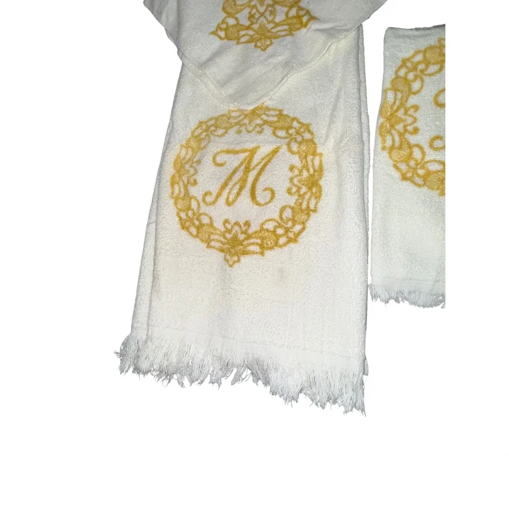 Vintage Ivory Monogrammed Towel Set Gold Letter M Fringe Guest Hand Towels